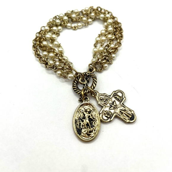Rosary Beads and Cross Medallion with St Christopher Pearl And Chain Bracelet - Picture 1 of 11